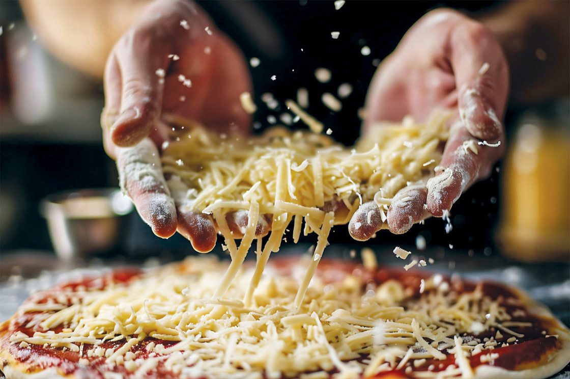 Hands preparing a delicious pizza with cheese and tomato sauce at Plant Ahead USA.